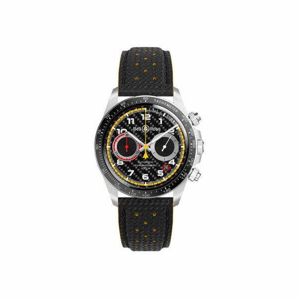 a black watch with yellow and red numbers