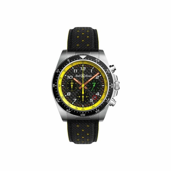 a watch with yellow and black numbers on it