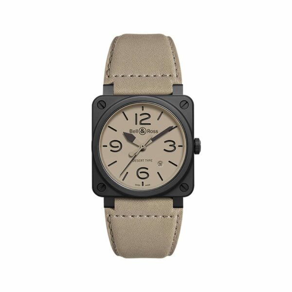 a black and beige watch on a white background