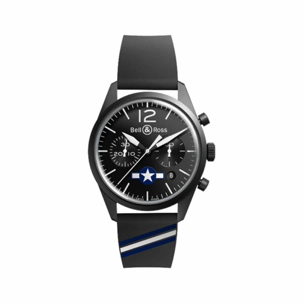 a black watch with blue and white stripes