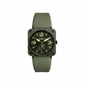 a green watch with black dials on the face