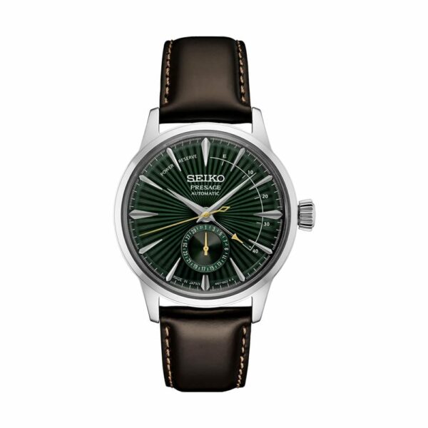 a watch with a green dial and brown leather strap
