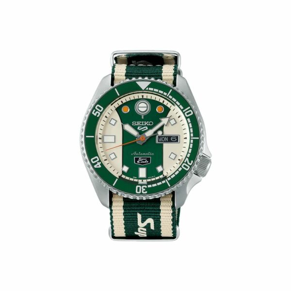 a green and white watch with numbers on it