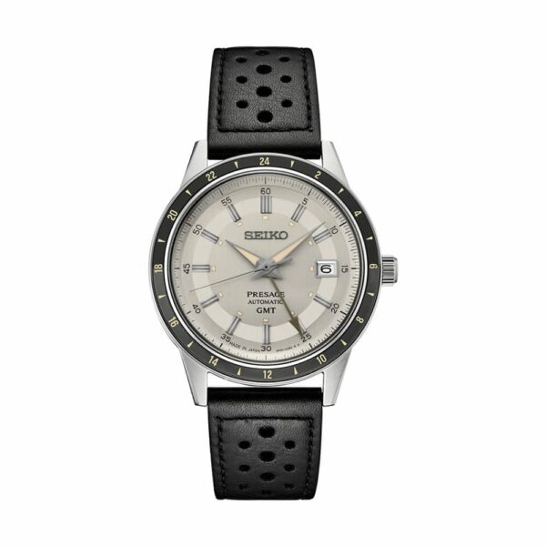a watch with black leather straps on a white background