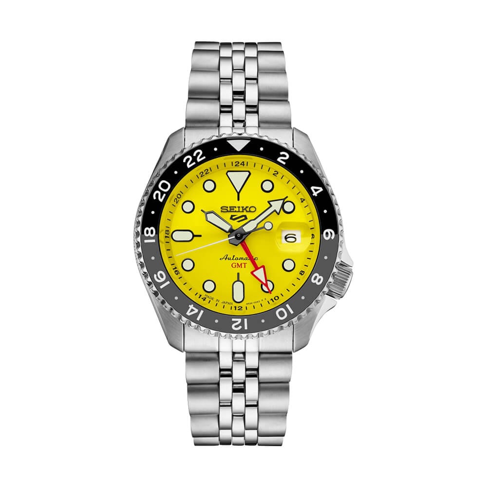 Seiko 5 Sports Automatic GMT Watch with Grey Dial and Gold Accents