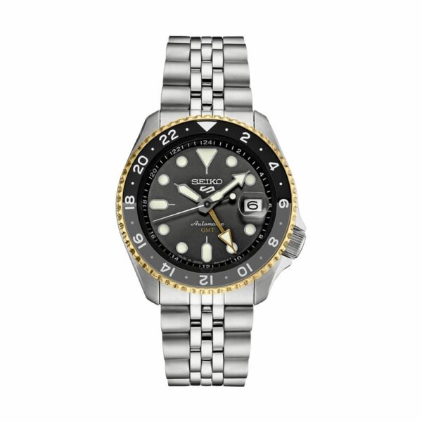 a watch with two tone steel bracelet and black dial