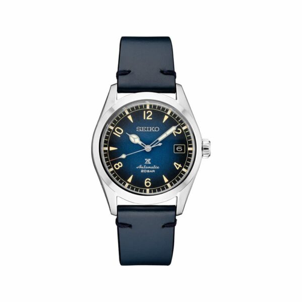 a watch with blue leather straps and a black dial