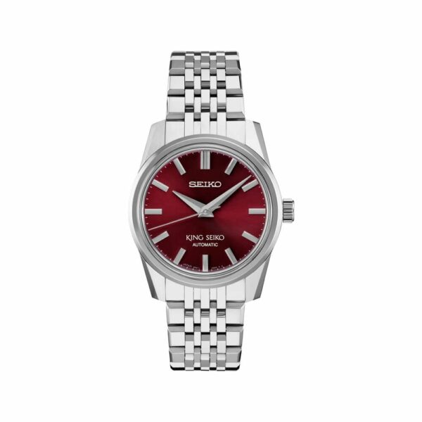 a watch with a red dial and silver bracelet