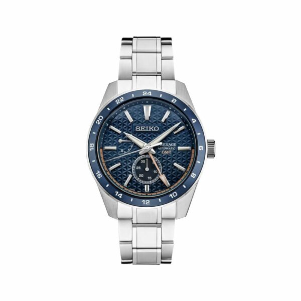 a silver and blue watch on a white background