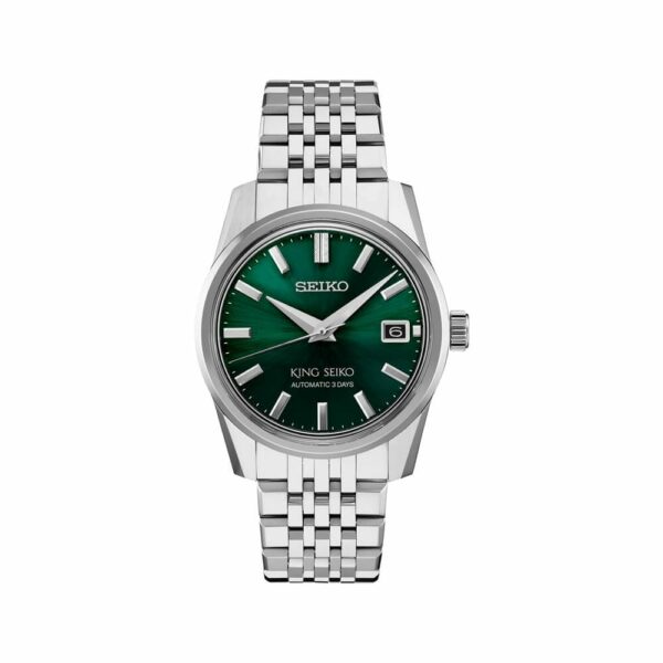 a watch with green dials and a silver bracelet