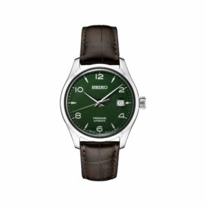 a green watch with brown leather straps