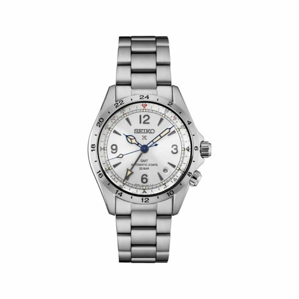a silver watch with white dials on a bracelet