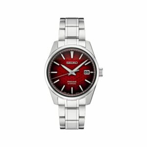 a watch with a red dial and silver bracelet