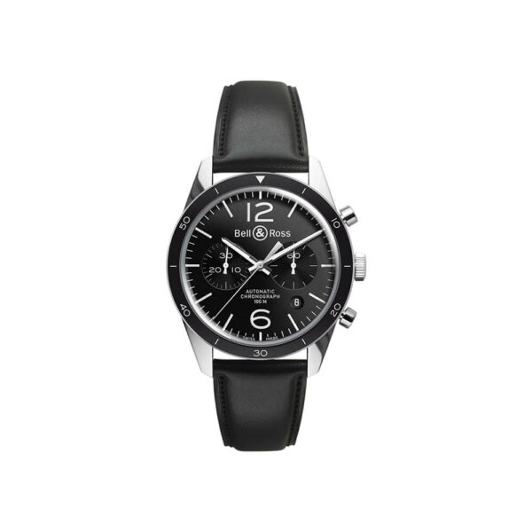 a watch with black leather straps and a white background