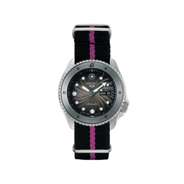 a watch with a black dial and pink straps
