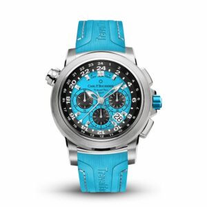 a watch with a blue rubber strap