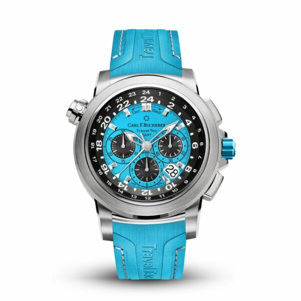 a watch with a blue rubber strap