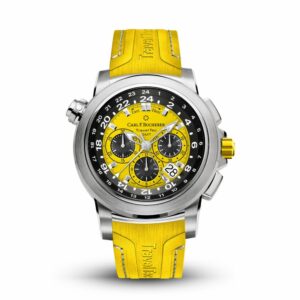 a watch with yellow rubber straps on a white background