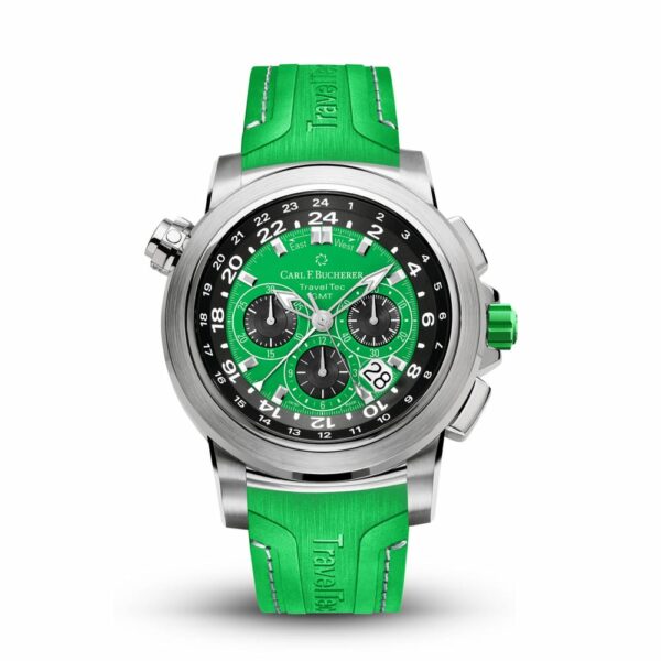 a watch with green rubber straps on a white background