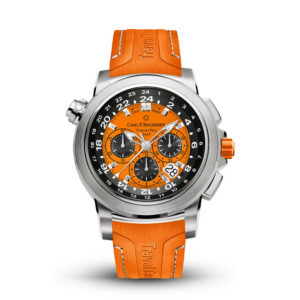 a watch with an orange rubber strap