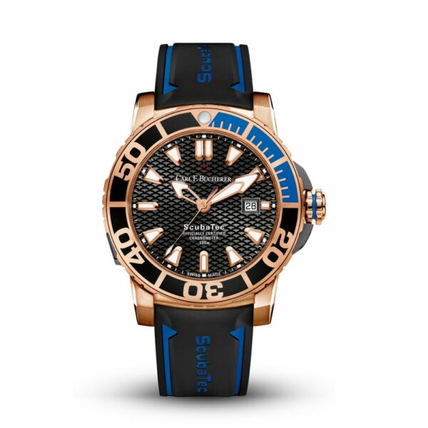 a black and gold watch with blue accents