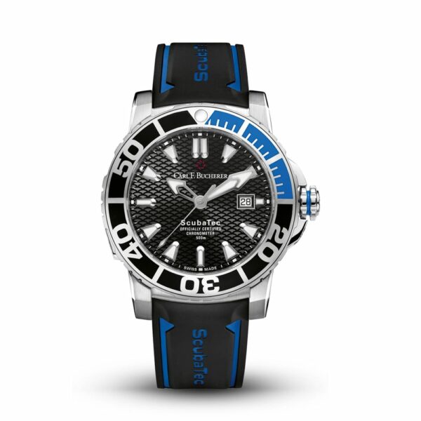 a black and blue watch on a white background