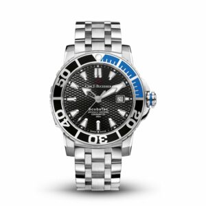 a black and silver watch with blue hands