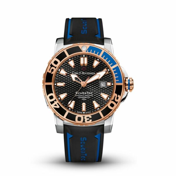 a watch with black and blue dials