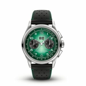 a watch with green dials and black leather straps