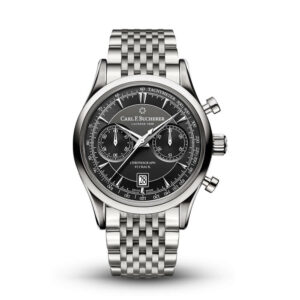 a silver watch with black dials on a steel bracelet