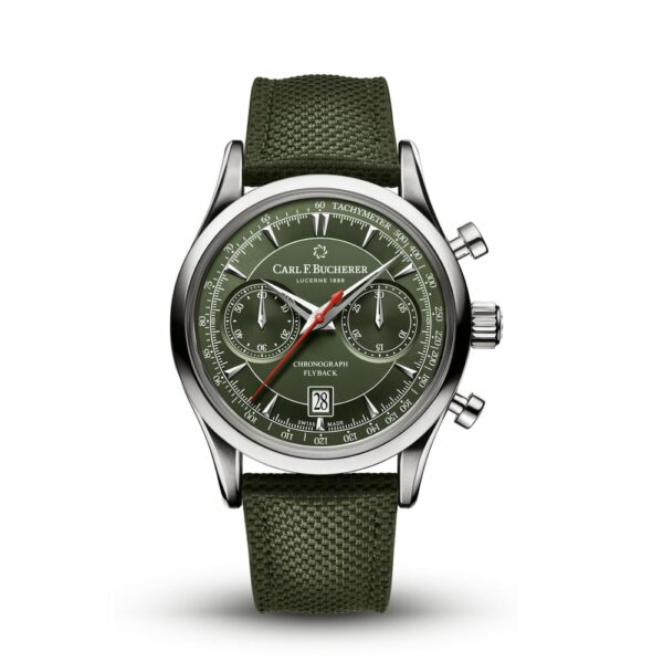 a green watch with a red second hand