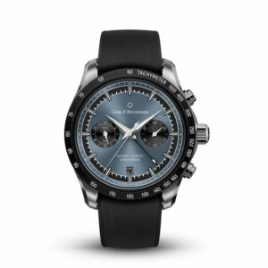a black watch with blue dials on a white background