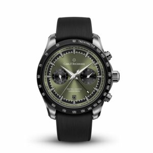 a black watch with green dials on a white background