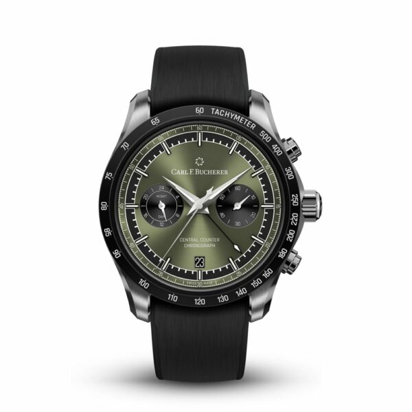a black watch with green dials on a white background