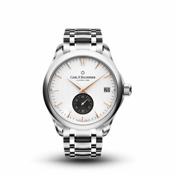 a watch with a white dial and two tone steel bracelet