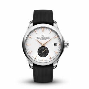 a white watch with black straps on a white background