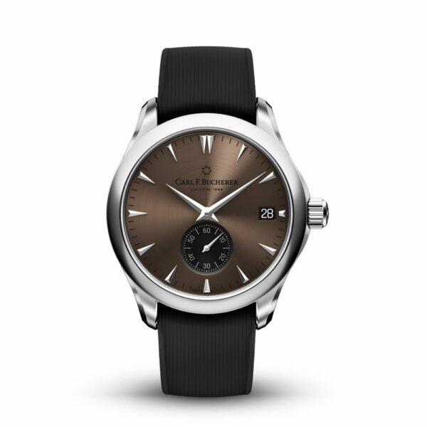 a watch with brown dials and black leather straps