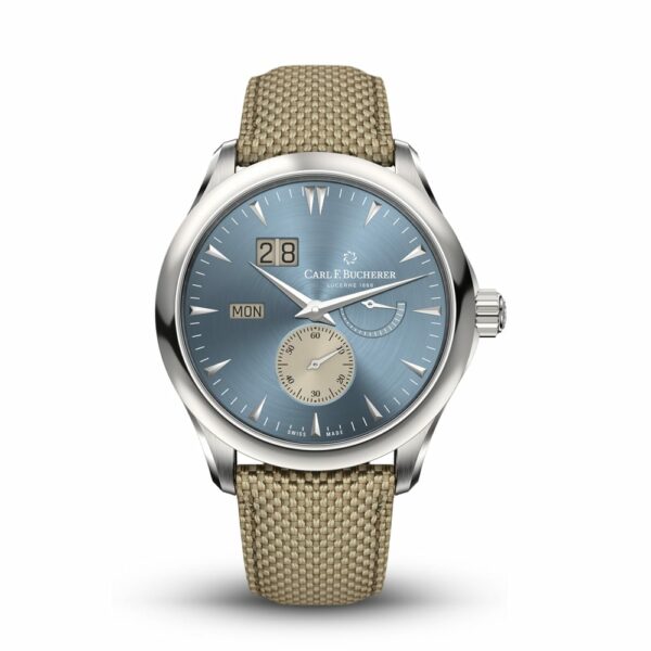 a watch with a blue dial and tan strap