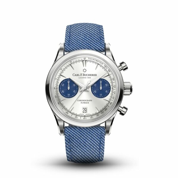 a watch with blue straps and white dials