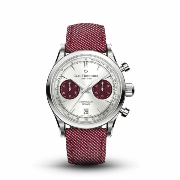 a watch with red straps and a white dial