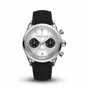 a silver watch with black straps on a white background