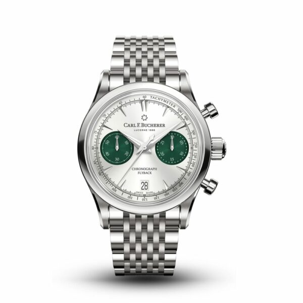 a silver watch with green numbers on the dial