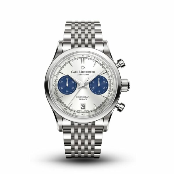 a silver watch with blue numbers on the dial
