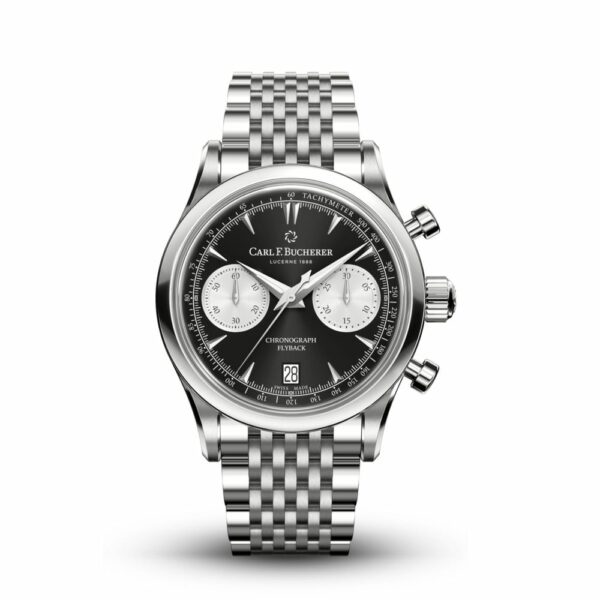 a silver watch with black dials on a white background