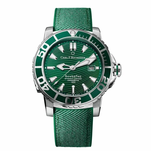 a green watch with roman numerals on it