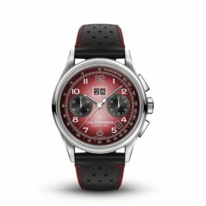 a red and black watch on a white background