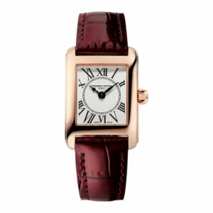 a watch with a red strap and roman numerals