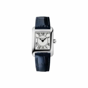 a square watch with roman numerals and blue leather straps