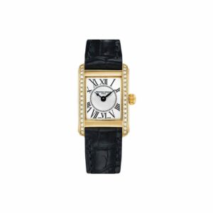 a gold and diamond watch with black leather strap
