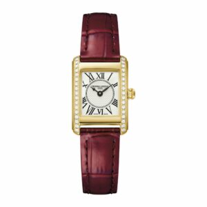 a gold and diamond watch with red leather strap